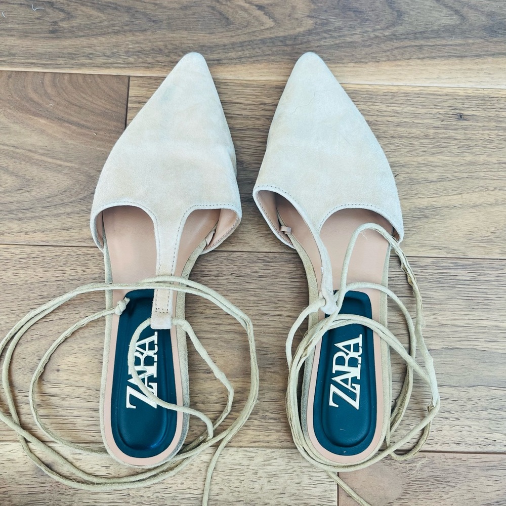 Zara suede wrapped around lace pointy mules